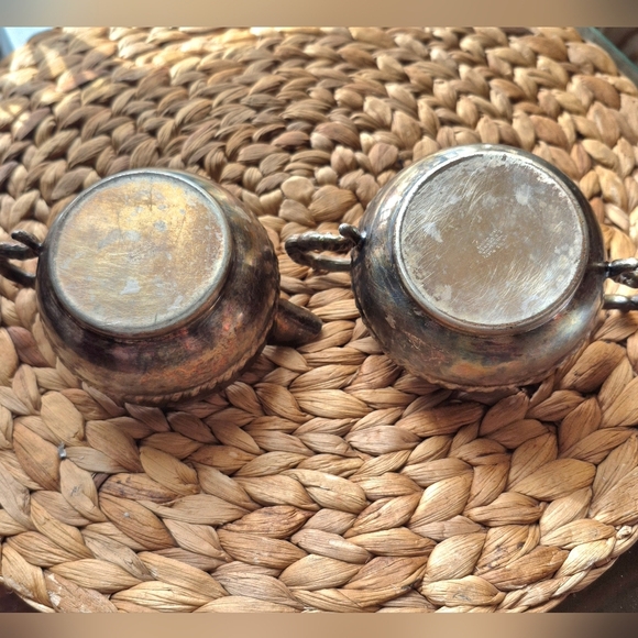 Silver with Copper Scroll Cream and Sugar dishes - Antique Tarnished  - Picture 3 of 8